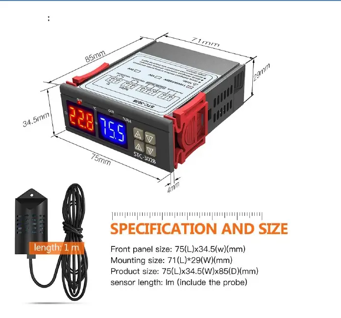 Регулятор температуры и влажности STC-3028 термостат на 220в, Контроллер температуры и влажности